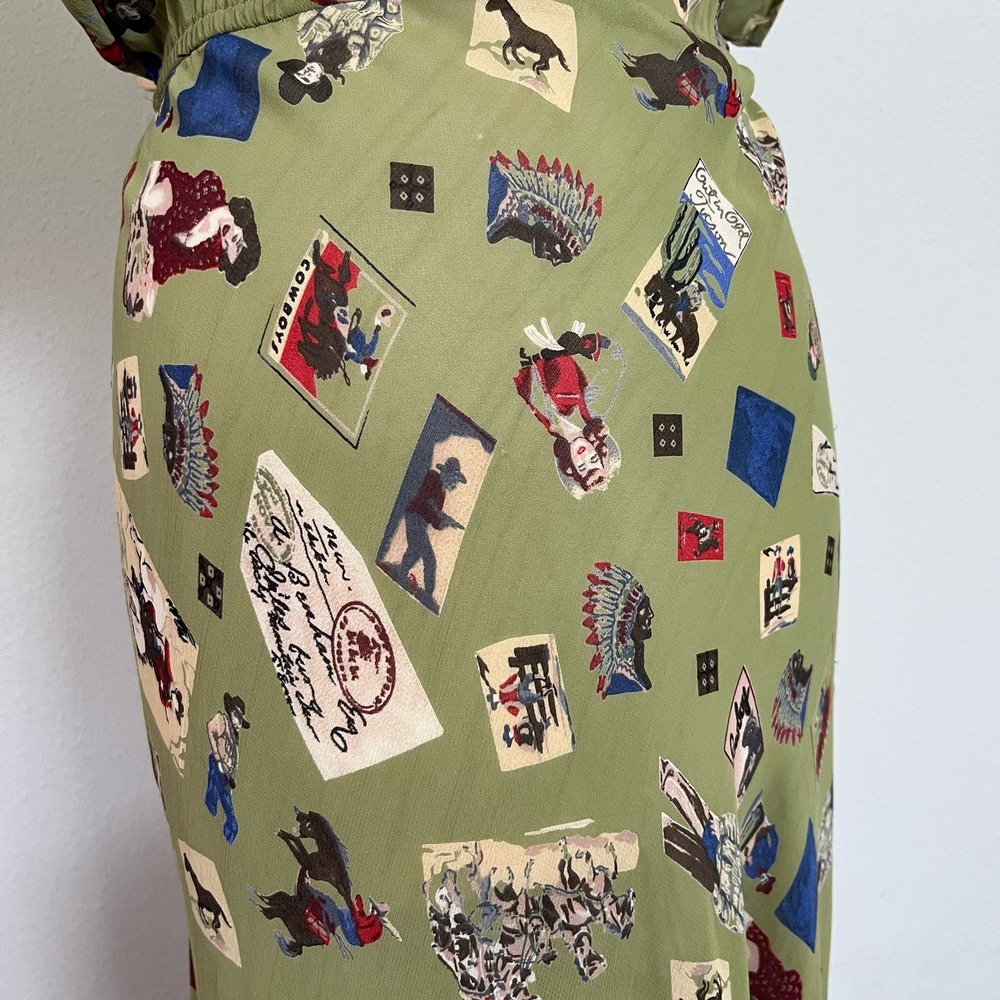 Vintage 90s Does 30s Green Novelty Print Cowboy Maxi Dress // Size Large - Picture 8 of 9